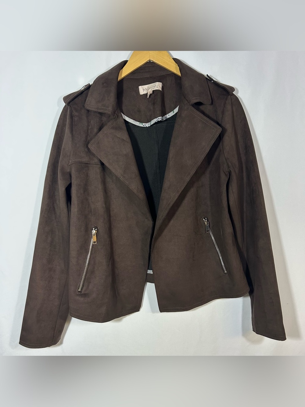 Philosophy Brown Faux Suede Open Front Moto Jacket Sz Large